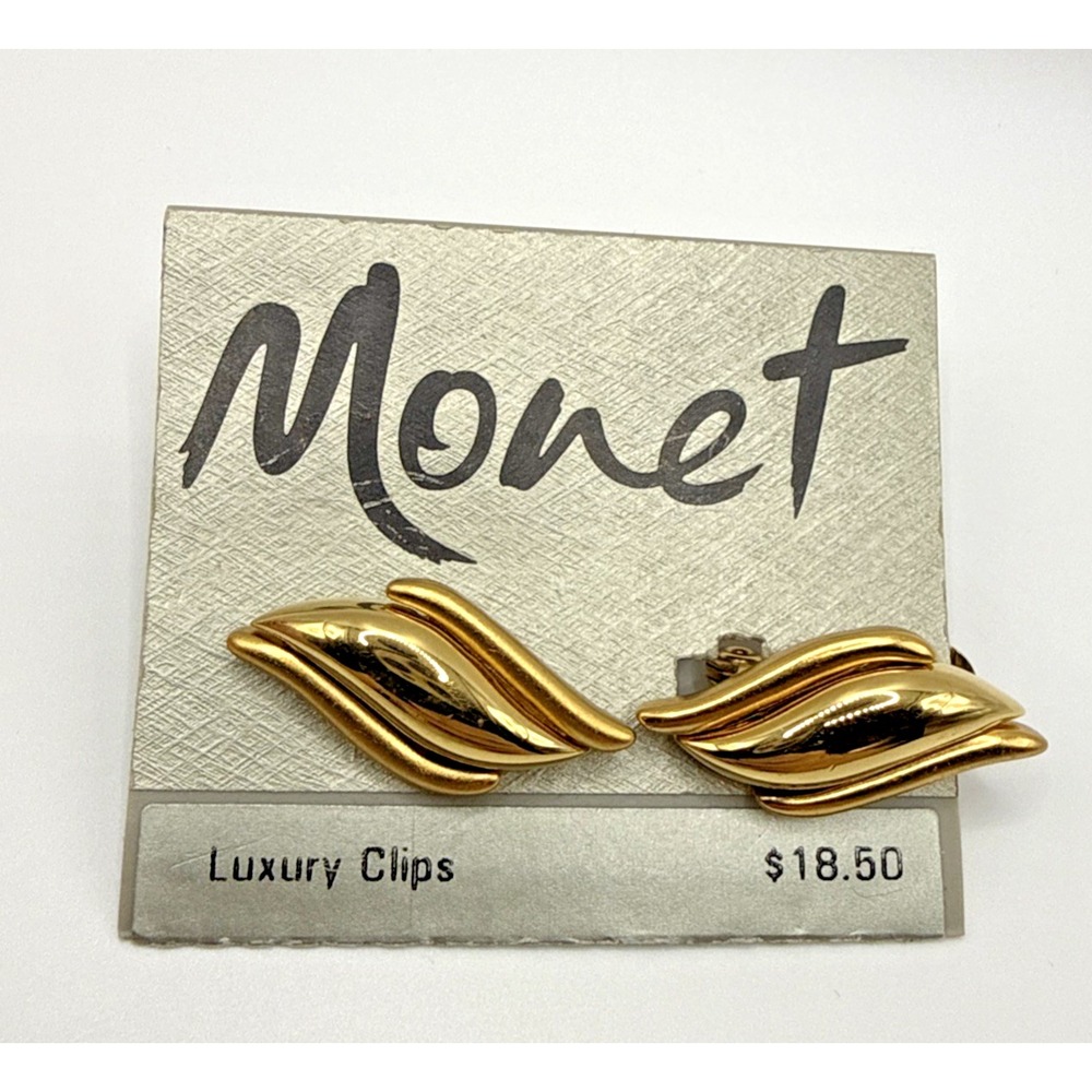 Vintage Monet Gold Tone Clip On Earrings Sculptural‎ 80s Statement Signed